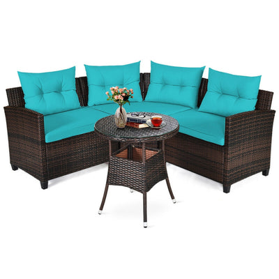 4 Pieces Outdoor Rattan Furniture Set Conversation Sofa Set with Cushion and Tempered Glass Table