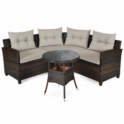 4 Pieces Outdoor Rattan Furniture Set Conversation Sofa Set with Cushion and Tempered Glass Table