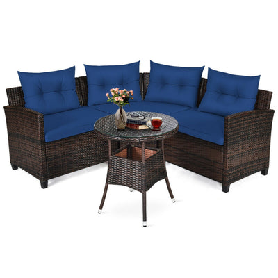 4 Pieces Outdoor Rattan Furniture Set Conversation Sofa Set with Cushion and Tempered Glass Table