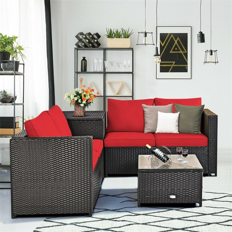 4 Pieces Outdoor Rattan Furniture Set Patio Wicker Conversation Sofa Set with Cushion and Table