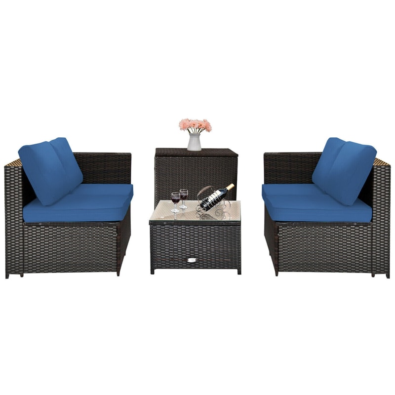 4 Pieces Outdoor Rattan Furniture Set Patio Wicker Conversation Sofa Set with Cushion and Table