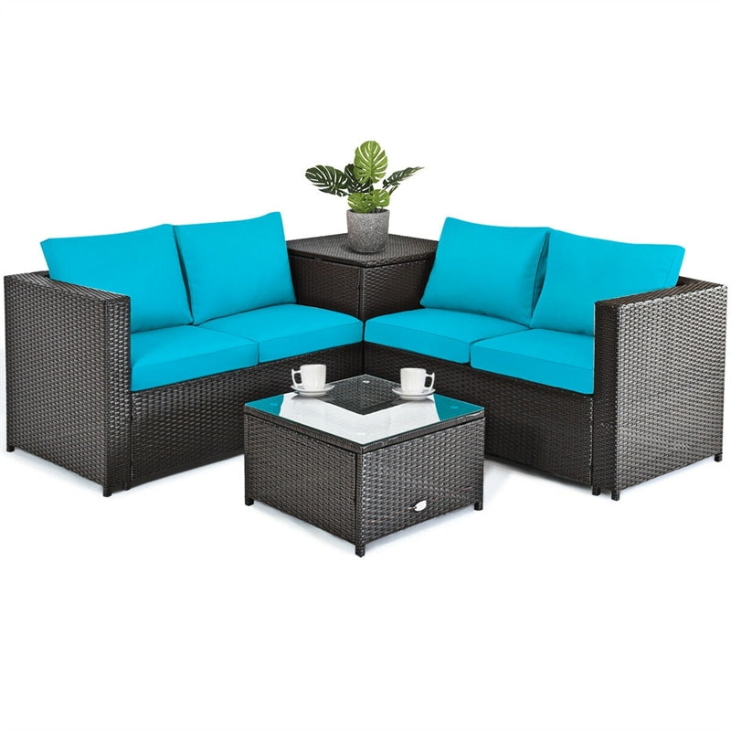 4 Pieces Outdoor Rattan Furniture Set Patio Wicker Conversation Sofa Set with Cushion and Table