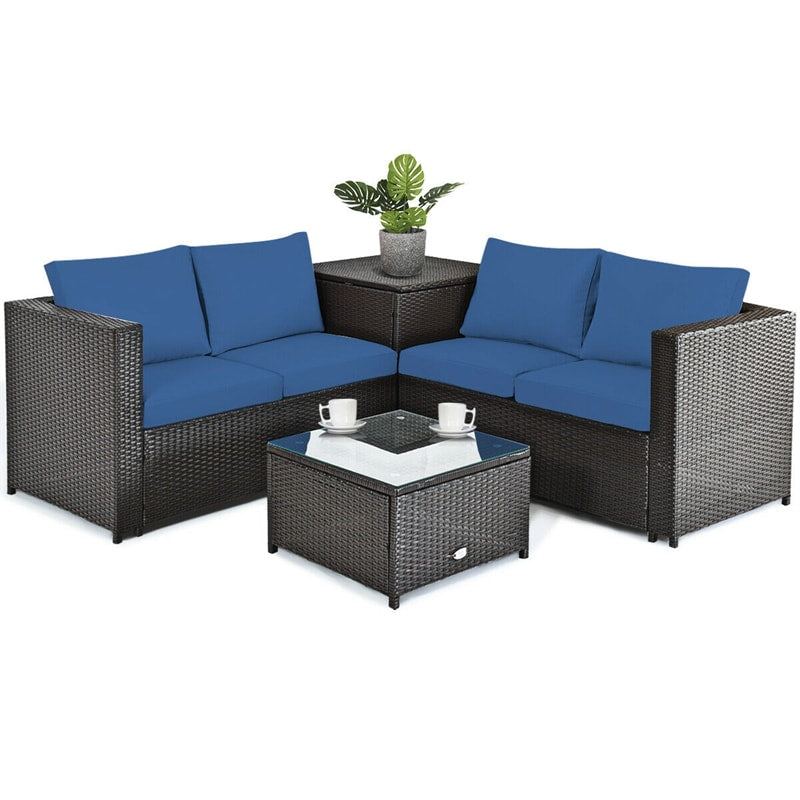4 Pieces Outdoor Rattan Furniture Set Patio Wicker Conversation Sofa Set with Cushion and Table