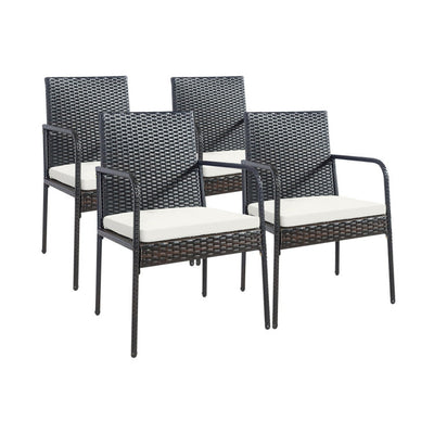 4 Pieces Outdoor Wicker Dining Chairs Patio Rattan Armchairs with Padded Cushions