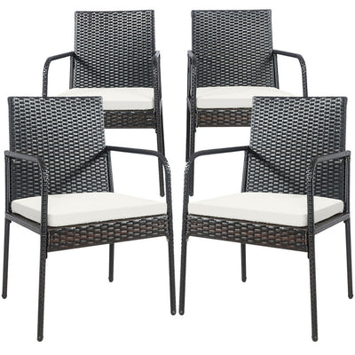 4 Pieces Outdoor Wicker Dining Chairs Patio Rattan Armchairs with Padded Cushions