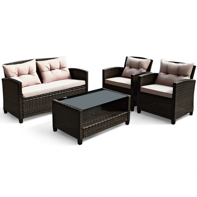 4 Pieces Patio Rattan Furniture Set Outdoor Conversation Sofa Set with Lower Shelf and Coffee Table