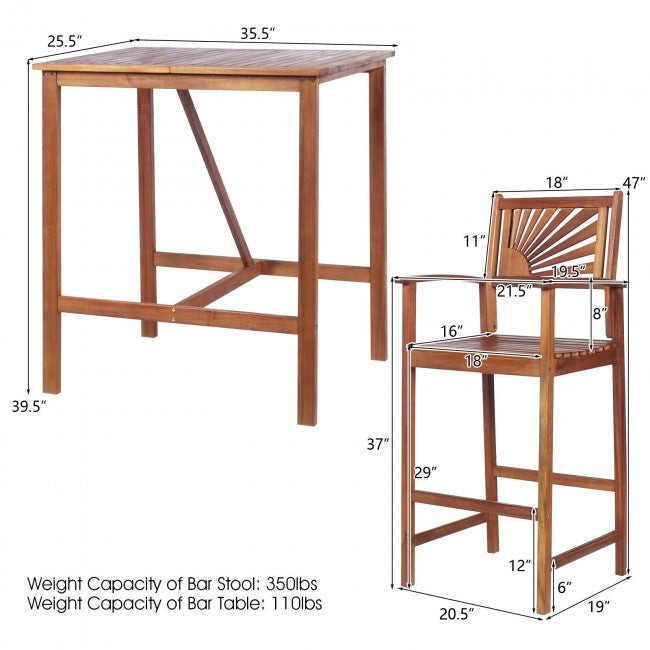 3 Pieces Patio Bar Set with 2 Bar Stools and 1 Bar Table
