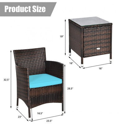 3 Pieces Patio Wicker Rattan Furniture Conversation Set with Coffee Table and Cushion