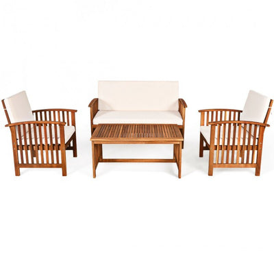 4 Pcs Patio Solid Wood Furniture Set with Water Resistant Cushions