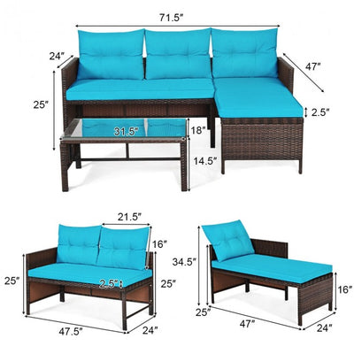 3 Piece Outdoor Patio Corner Rattan Sofa Set