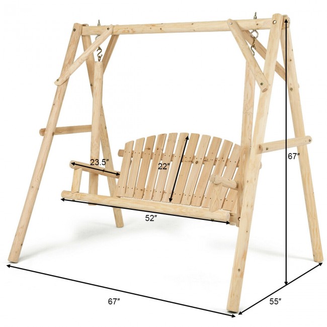 2 Person Outdoor Wooden Swing Chair Patio Porch Bench with A-Frame