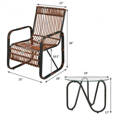 3 Pieces Outdoor Rattan Furniture Set Patio Conversation Set with Tempered Glass Table