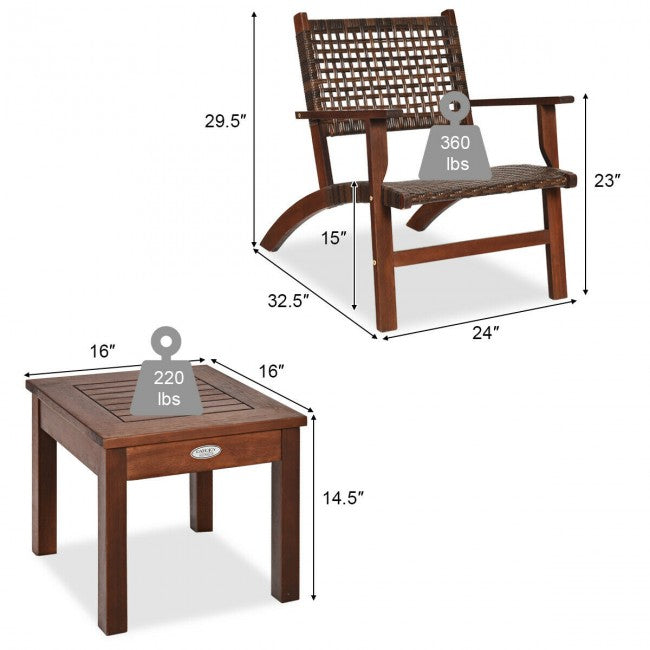 3 Pieces Outdoor Wooden Patio Rattan Furniture Set