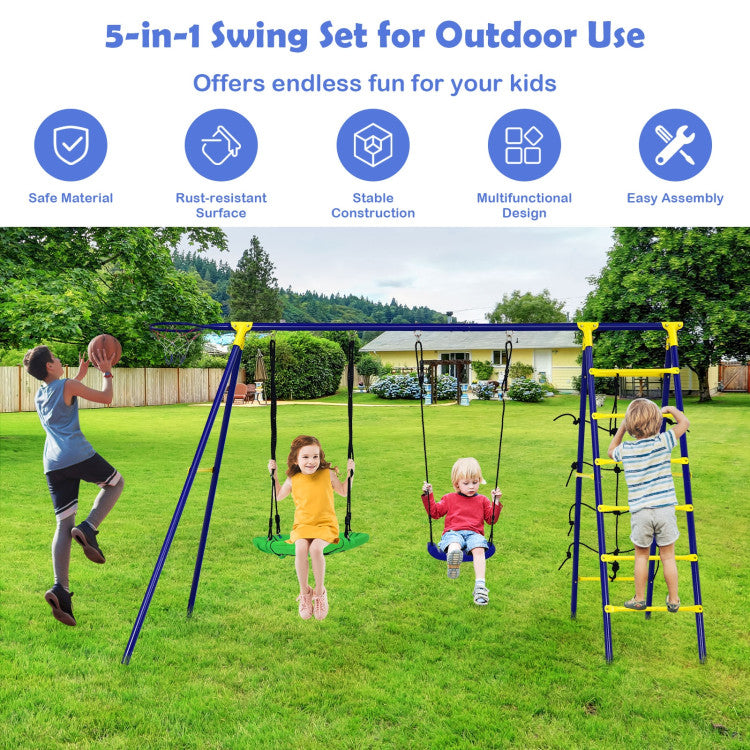 5-In-1 Outdoor Kids Combo Swing Set with Climbing Net Ladder Belt Swing Basketball Hoop Ground Stakes