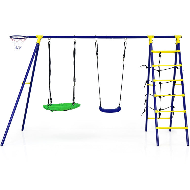 5-In-1 Outdoor Kids Combo Swing Set with Climbing Net Ladder Belt Swing Basketball Hoop Ground Stakes