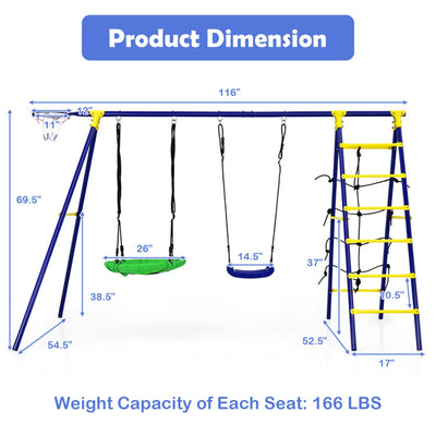 5-In-1 Outdoor Kids Combo Swing Set with Climbing Net Ladder Belt Swing Basketball Hoop Ground Stakes