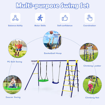 5-In-1 Outdoor Kids Combo Swing Set with Climbing Net Ladder Belt Swing Basketball Hoop Ground Stakes
