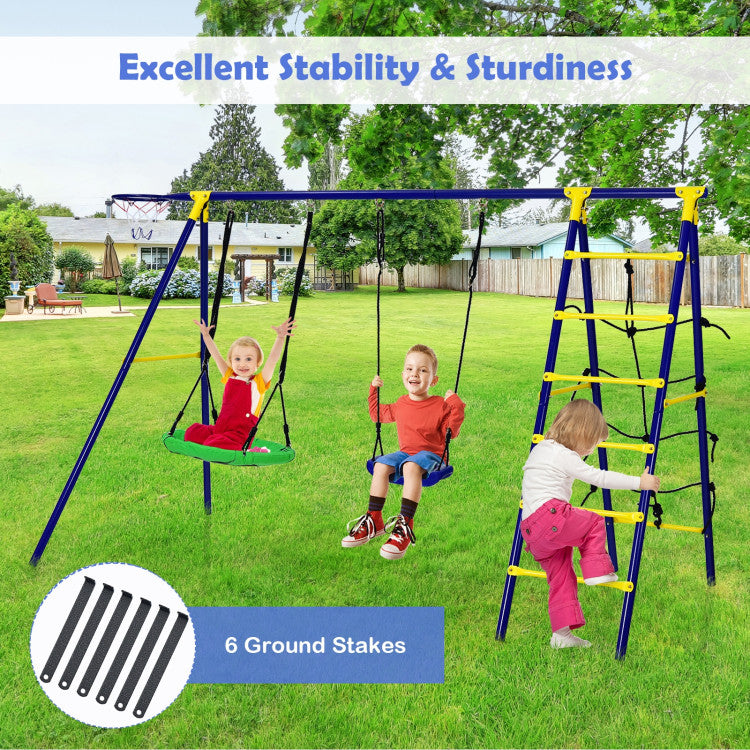 5-In-1 Outdoor Kids Combo Swing Set with Climbing Net Ladder Belt Swing Basketball Hoop Ground Stakes