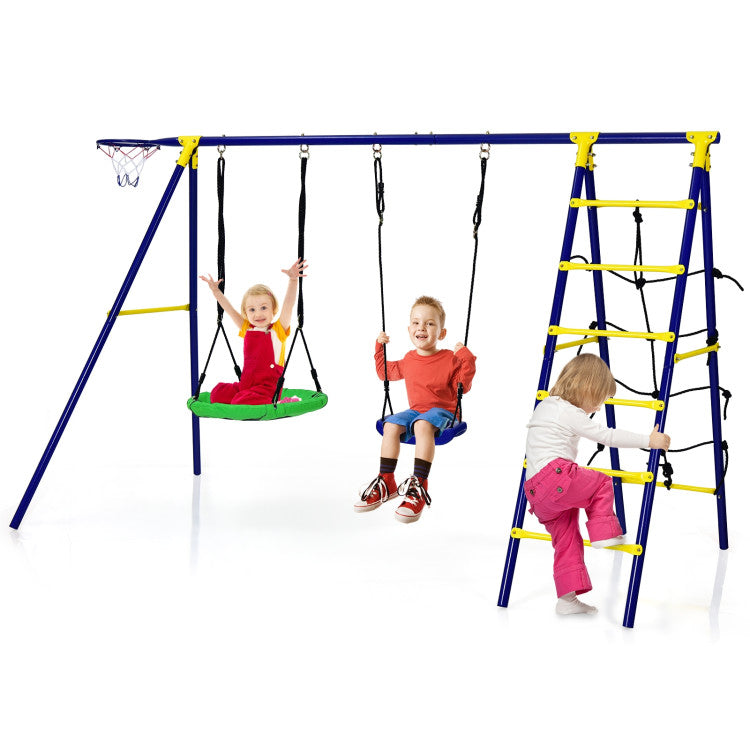 5-In-1 Outdoor Kids Combo Swing Set with Climbing Net Ladder Belt Swing Basketball Hoop Ground Stakes