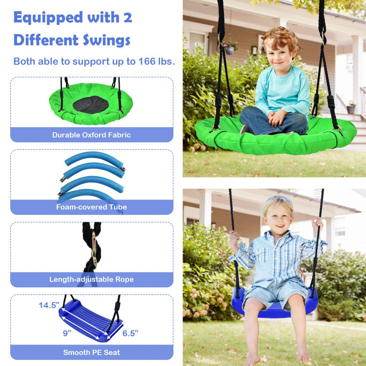 5-In-1 Outdoor Kids Combo Swing Set with Climbing Net Ladder Belt Swing Basketball Hoop Ground Stakes