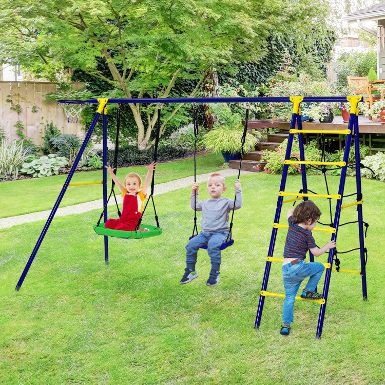 5-In-1 Outdoor Kids Combo Swing Set with Climbing Net Ladder Belt Swing Basketball Hoop Ground Stakes