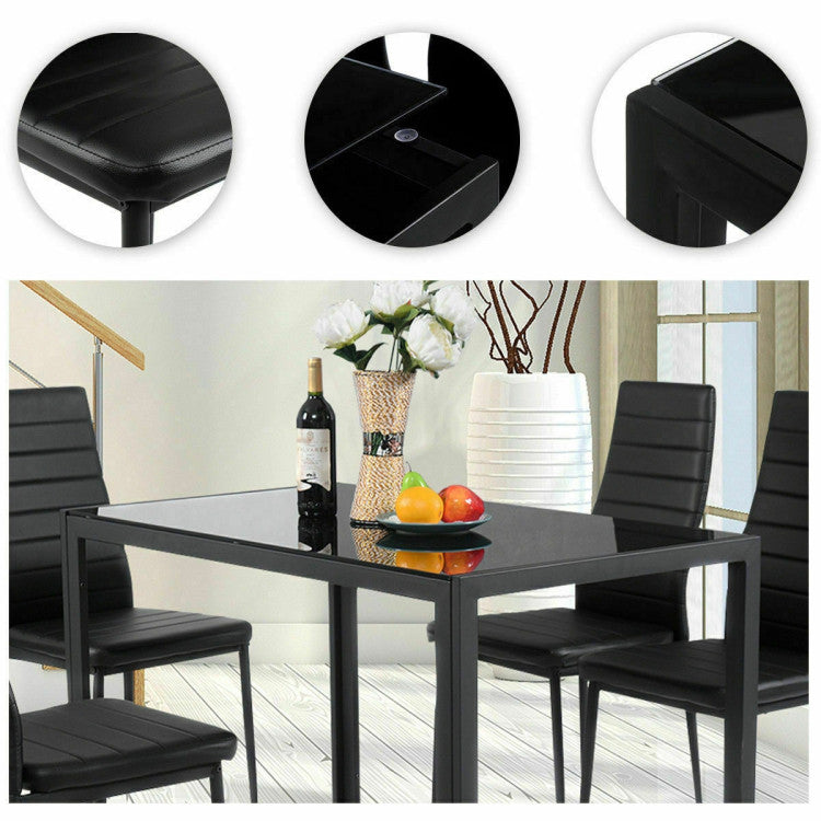 5-Piece Dining Table and Chair Set Kitchen Dining Room Table Set with Glass Tabletop and Metal Frame Chairs