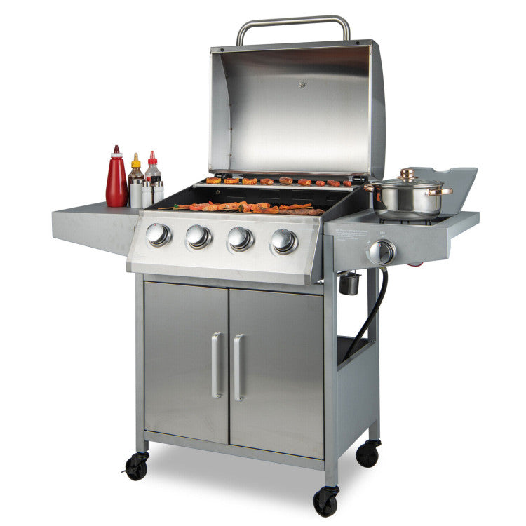 50000BTU Outdoor Cooking BBQ Grill 5-Burner Stainless Steel Propane Gas Grill with Side Burner and 2 Prep Tables