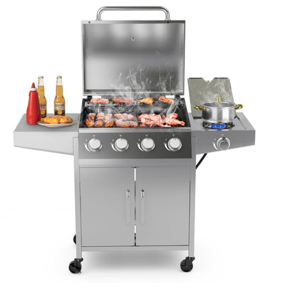 50000BTU Outdoor Cooking BBQ Grill 5-Burner Stainless Steel Propane Gas Grill with Side Burner and 2 Prep Tables