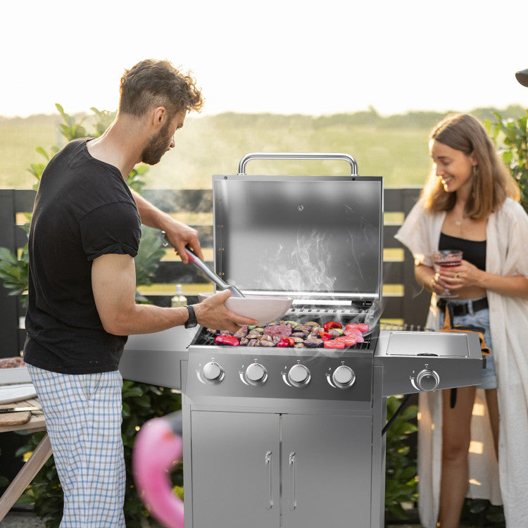 50000BTU Outdoor Cooking BBQ Grill 5-Burner Stainless Steel Propane Gas Grill with Side Burner and 2 Prep Tables