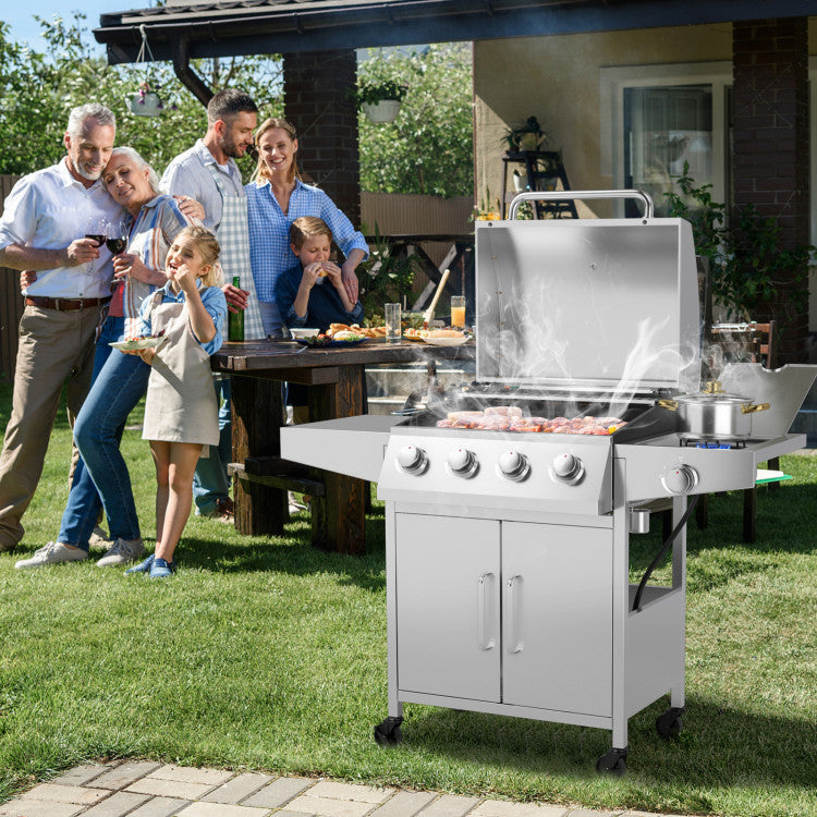 50000BTU Outdoor Cooking BBQ Grill 5-Burner Stainless Steel Propane Gas Grill with Side Burner and 2 Prep Tables