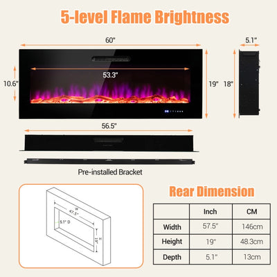 50/60 Inch Wall Mounted Recessed Electric Fireplace Heater with Remote Control and Touch Screen