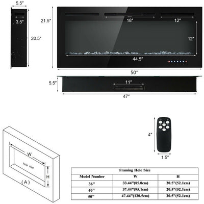 50 Inch Electric Fireplace 750/1500W Wall Mounted and Recessed Fireplace Heater with Remote Control