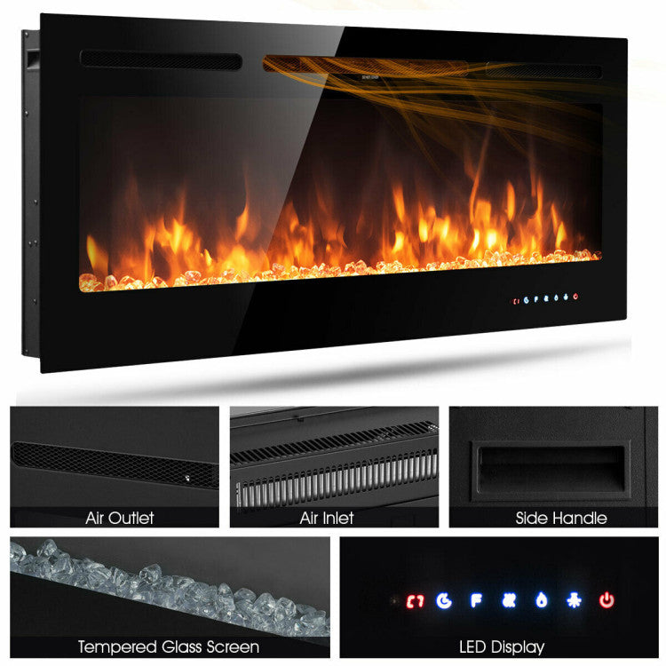 50 Inch Electric Fireplace 750/1500W Wall Mounted and Recessed Fireplace Heater with Remote Control