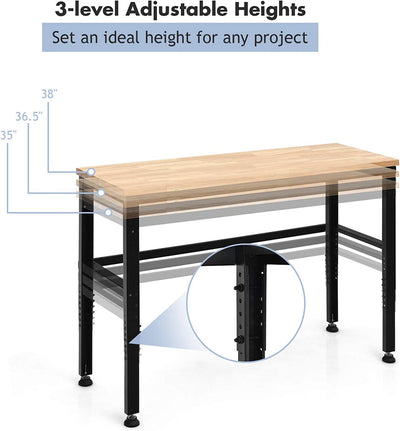 53 Inch Adjustable Heavy-Duty Workbench Oak Hardwood Workstation with Rubber Wood Top for Garage Workshop