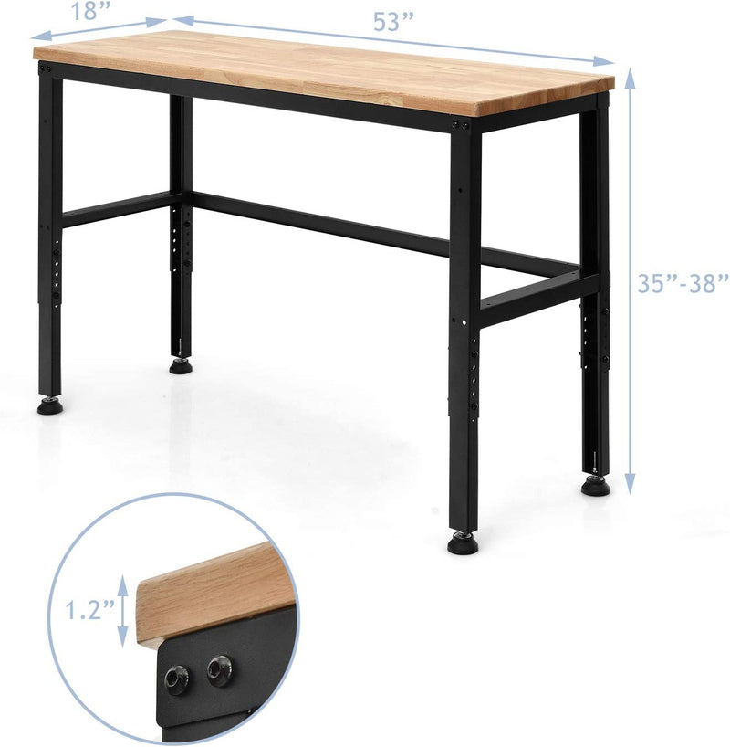 53 Inch Adjustable Heavy-Duty Workbench Oak Hardwood Workstation with Rubber Wood Top for Garage Workshop