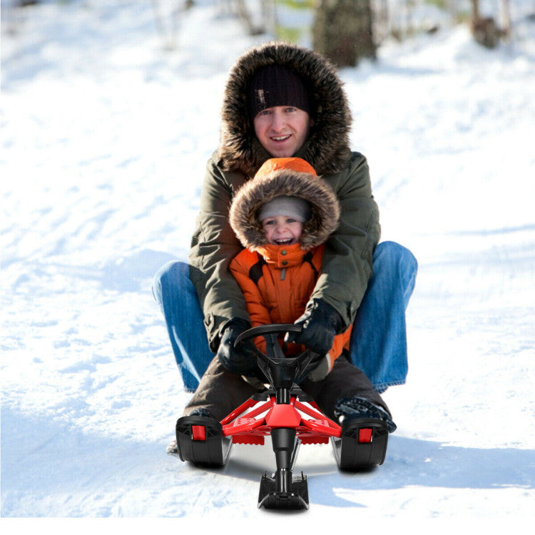 55.5 x 23.5 Inch Snow Racer Sled Ski Sled Slider Board with Twin Brakes and Steering Wheel Retractable Pull Rope