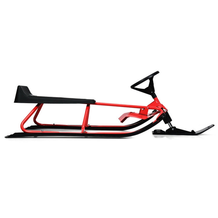 55.5 x 23.5 Inch Snow Racer Sled Ski Sled Slider Board with Twin Brakes and Steering Wheel Retractable Pull Rope