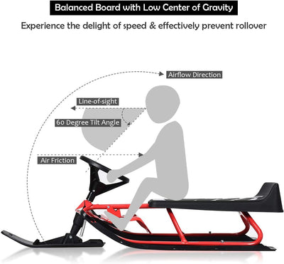 55.5 x 23.5 Inch Snow Racer Sled Ski Sled Slider Board with Twin Brakes and Steering Wheel Retractable Pull Rope