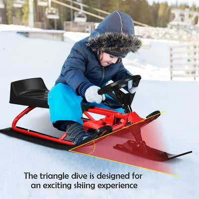 55.5 x 23.5 Inch Snow Racer Sled Ski Sled Slider Board with Twin Brakes and Steering Wheel Retractable Pull Rope