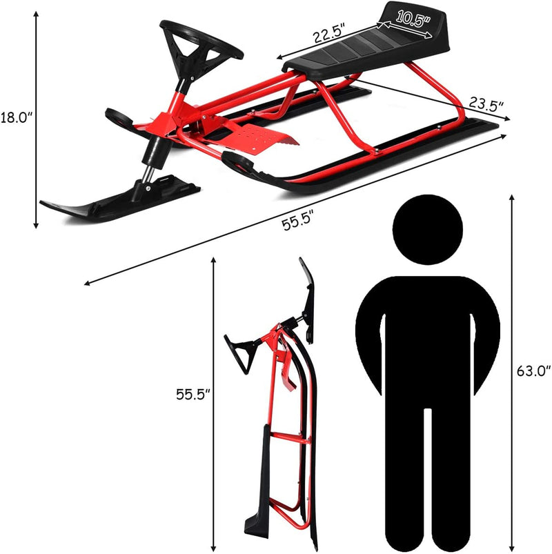 55.5 x 23.5 Inch Snow Racer Sled Ski Sled Slider Board with Twin Brakes and Steering Wheel Retractable Pull Rope