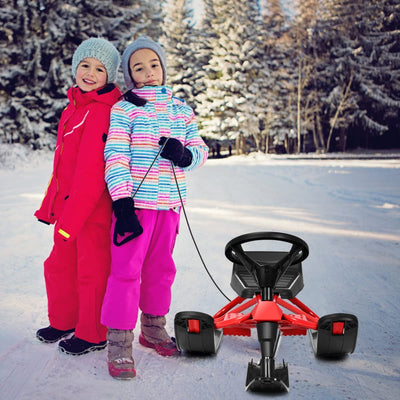 55.5 x 23.5 Inch Snow Racer Sled Ski Sled Slider Board with Twin Brakes and Steering Wheel Retractable Pull Rope