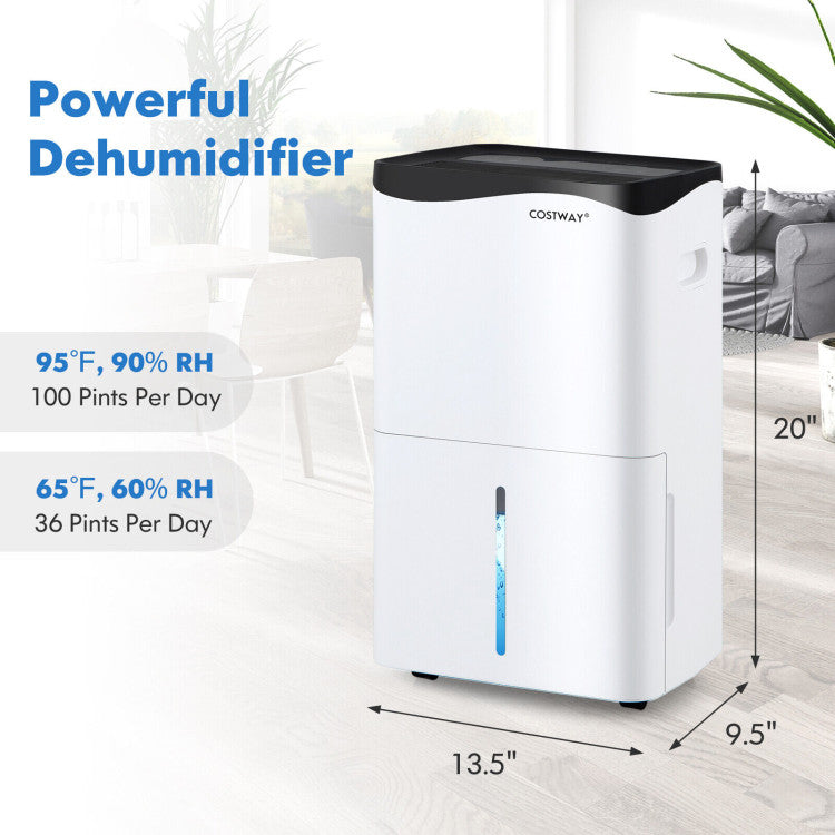 5500 Sq. Ft and 100 Pint Portable Dehumidifier with 4 Working Modes and 2 Fan Speeds for Home Basements