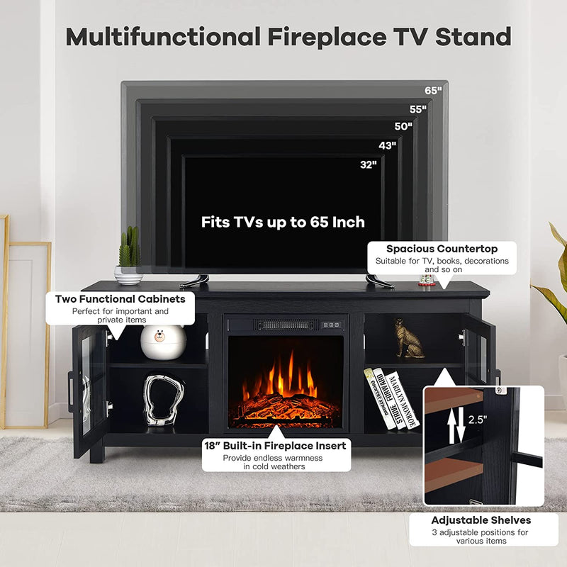 58 Inches Fireplace TV Stand Console Table with Remote Control and Adjustable Shelves for TVs up to 65 Inches