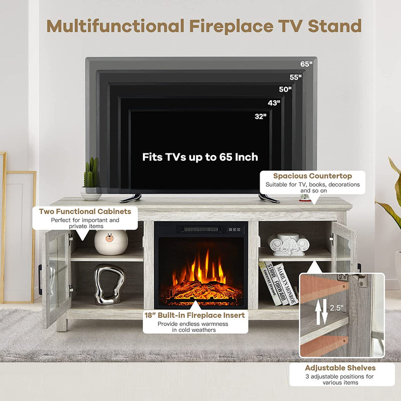 58 Inches Fireplace TV Stand Console Table with Remote Control and Adjustable Shelves for TVs up to 65 Inches