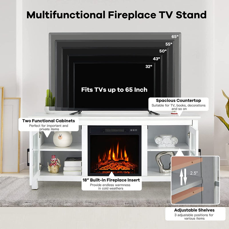 58 Inches Fireplace TV Stand Console Table with Remote Control and Adjustable Shelves for TVs up to 65 Inches