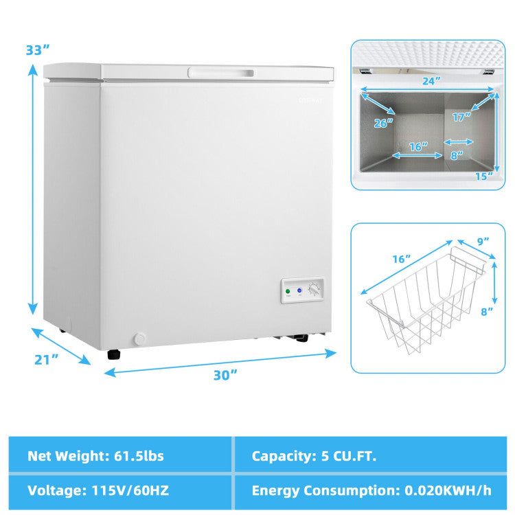 5 Cu Ft Compact Chest Freezer Refrigerator with 7-Grade Adjustable Temperature and Removable Storage Basket