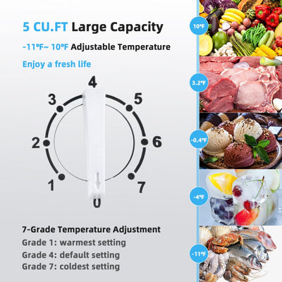 5 Cu Ft Compact Chest Freezer Refrigerator with 7-Grade Adjustable Temperature and Removable Storage Basket