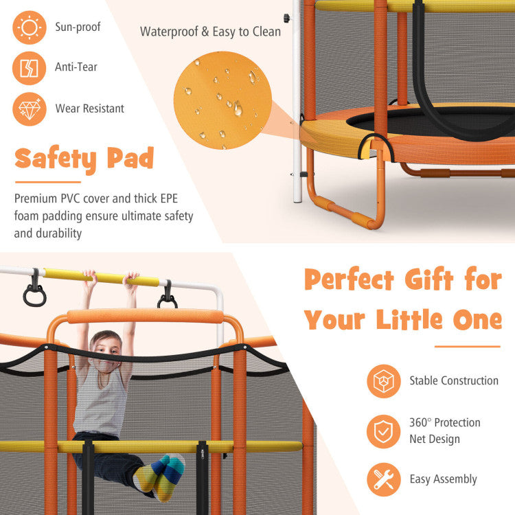 5FT Outdoor Kids Trampoline 3-in-1 ASTM Approved Toddler Game Trampoline with Adjustable Horizontal Bar Enclosure Safety Net