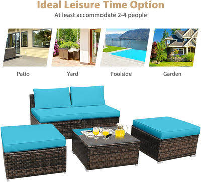 5 Pieces Outdoor Rattan Furniture Set Wicker Lounge Chair Conversation Set with Washable Cushions