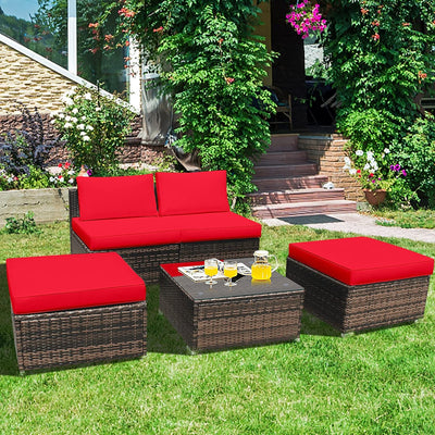 5 Pieces Outdoor Rattan Furniture Set Wicker Lounge Chair Conversation Set with Washable Cushions